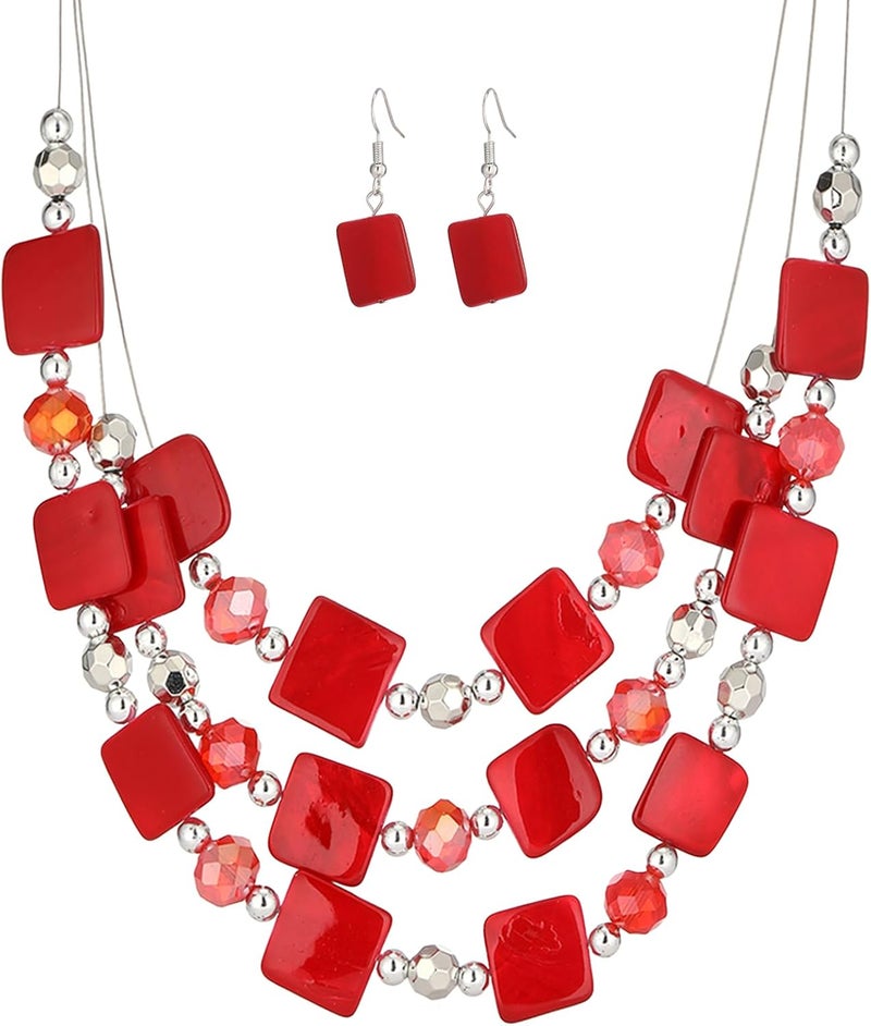 Errally Store Layered Beaded Statement Necklaces for Women Square Shell Bead Collar Necklace and Earring Set Birthday Gifts Boho Jewelry Sets for Women - Image 1